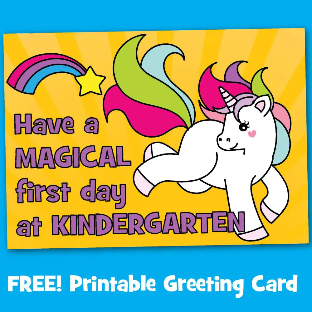 Free Printable Unicorn First Day at Kindergarten School Card