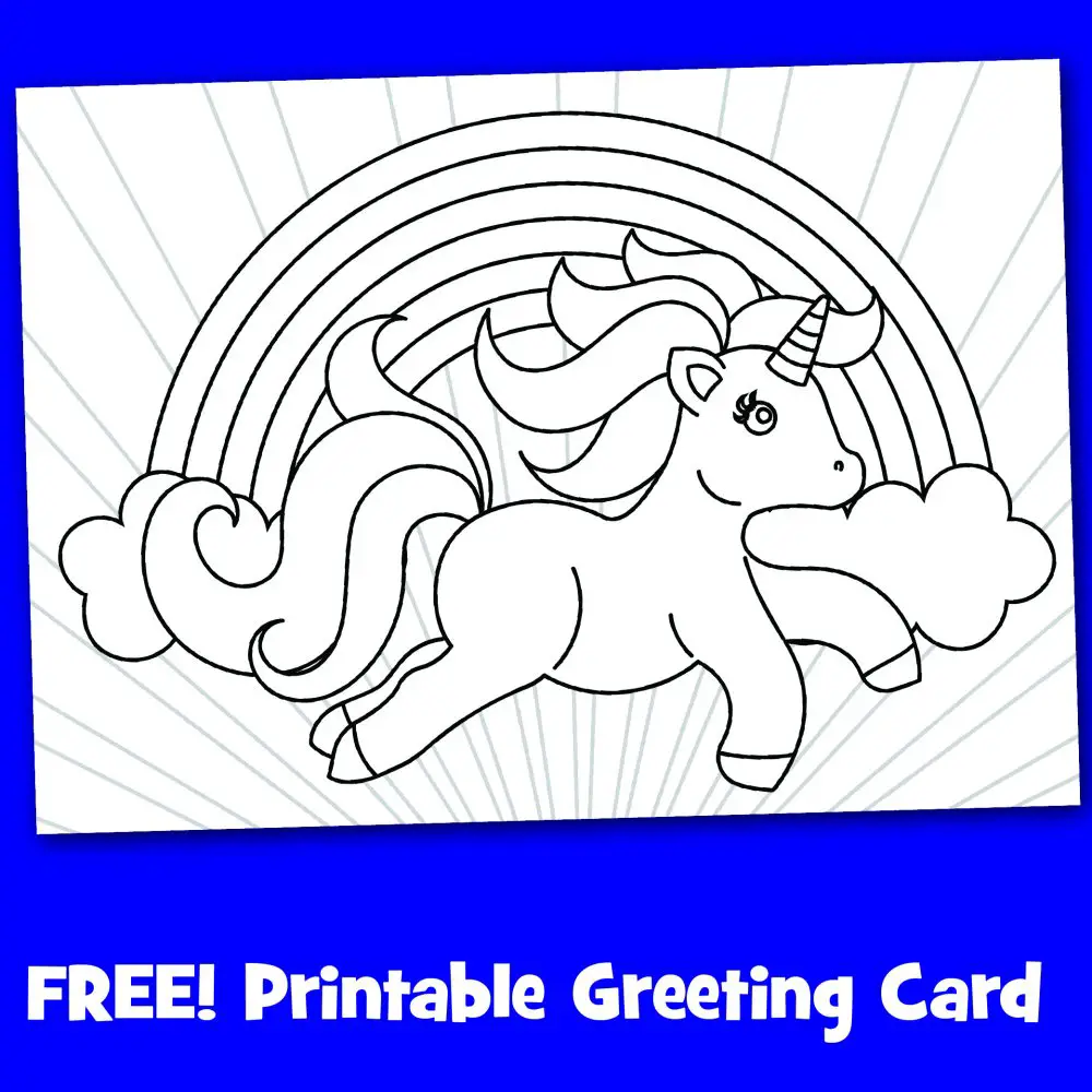 Free printable black and white magical unicorn card to color