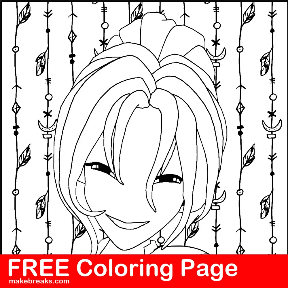 Free coloring page featuring a pretty anime style girl