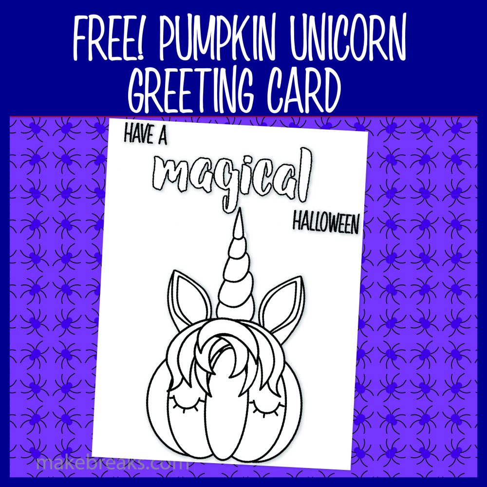Black and white unicorn pumpkin coloring card for Halloween