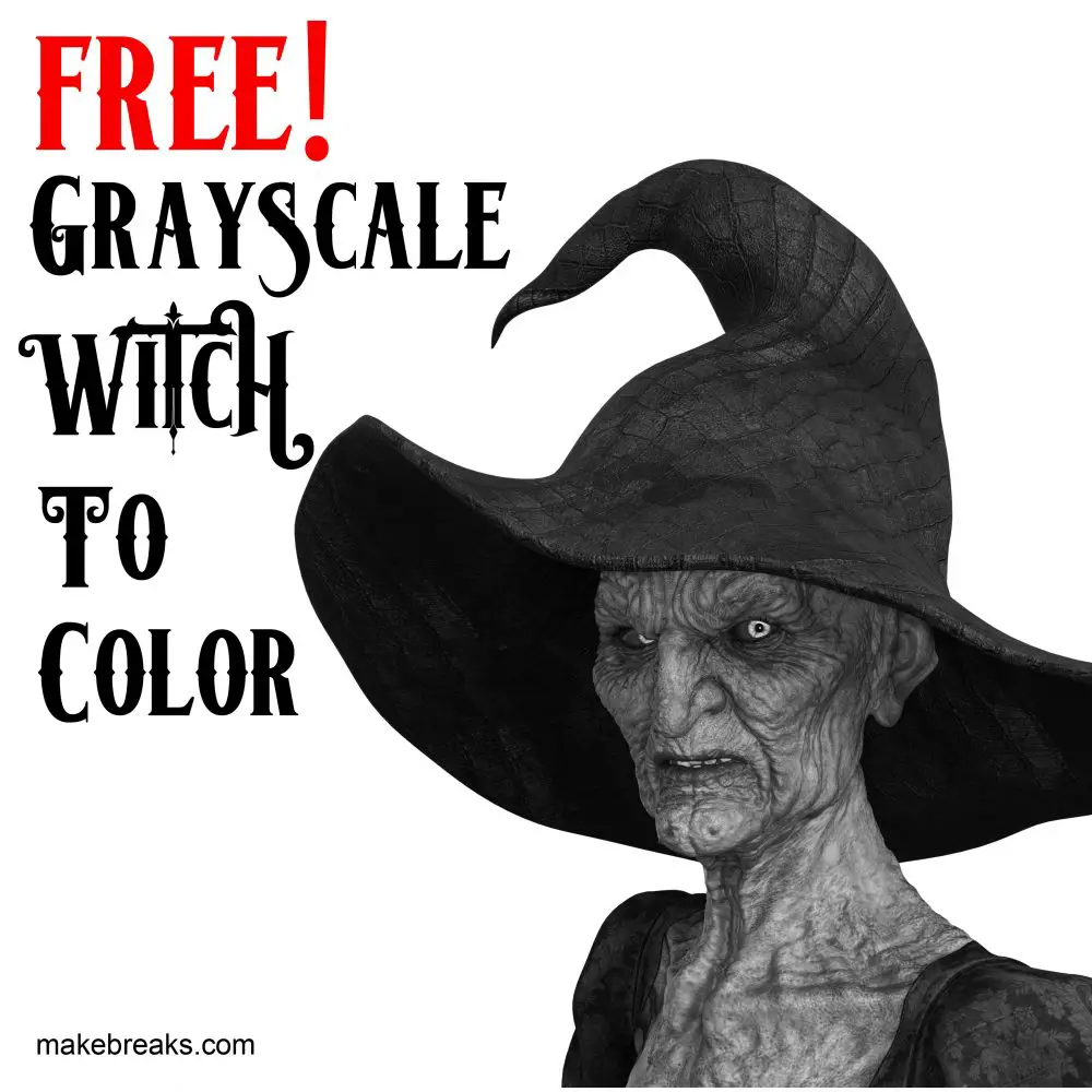 Free Grayscale Witch to Color for Halloween