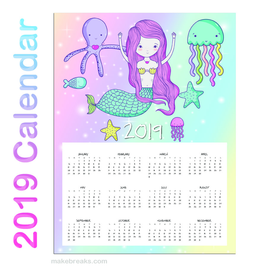 Free Printable Mermaid One Page Calendar