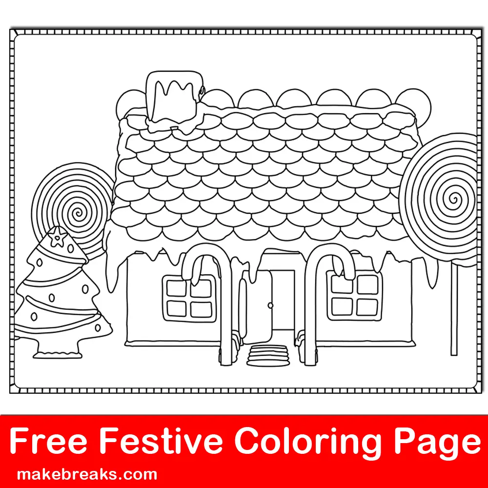 Free coloring page with a gingerbread house for holiday coloring