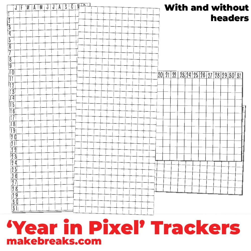 Free Year in Pixels Tracker Blanks for Bullet Journals and Planners