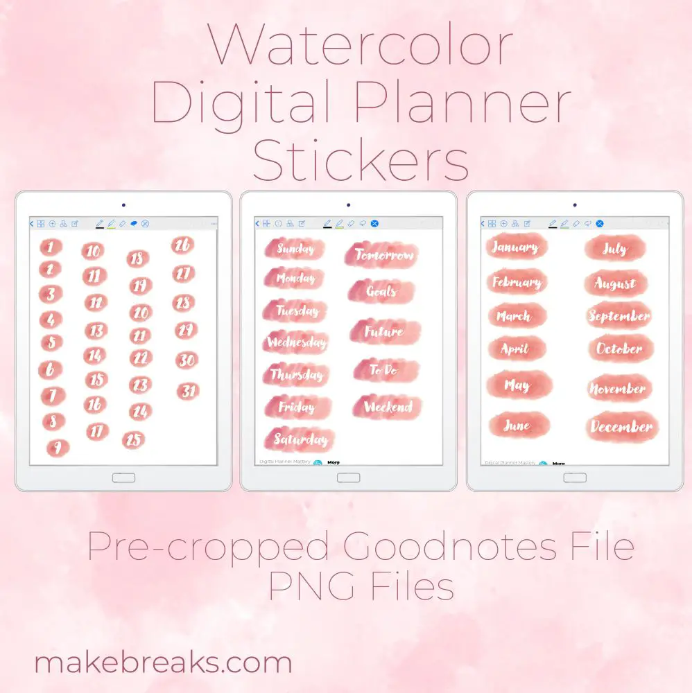 Free Digital Planner Stickers – Watercolor Months, Days and Dates Ready Cropped