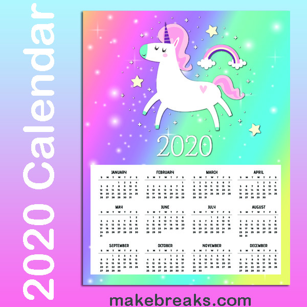 Free Printable Unicorn One Page 2020 Calendar