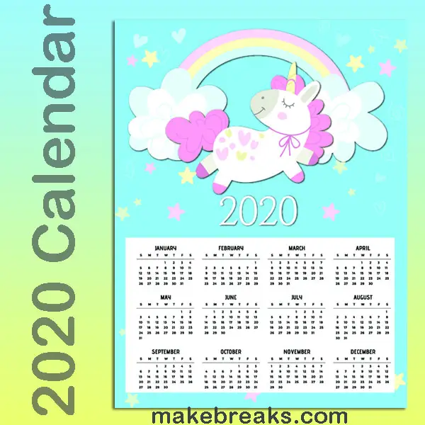 Free Printable Unicorn One Page 2020 Calendar 2
