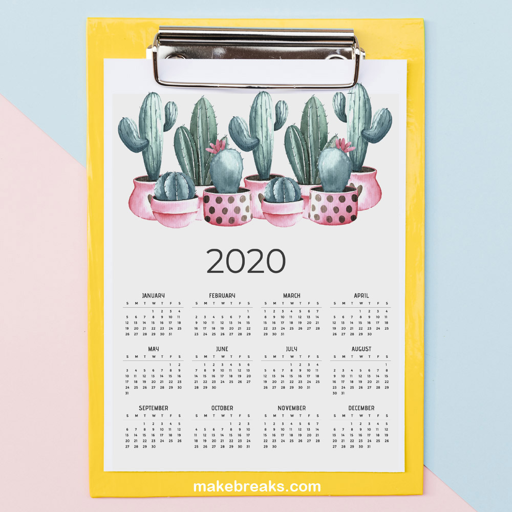 2020 Free Printable Cactus One Page Calendar
