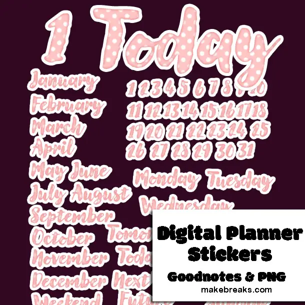 50 Free Digital Planner Stickers – PINK & WHITE Months, Days and Dates