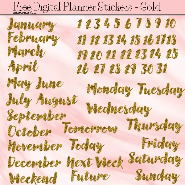 Free Digital Planner Stickers – GOLD Months, Days and Dates