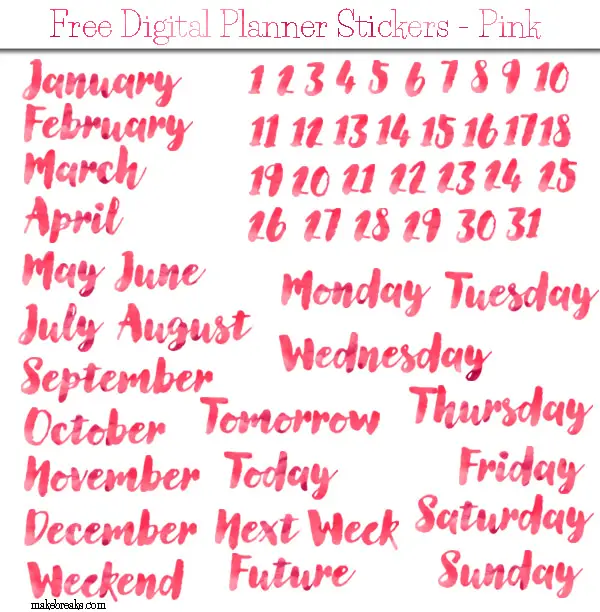 50 Free Digital Planner Stickers – PINK WATERCOLOR Months, Days and Dates