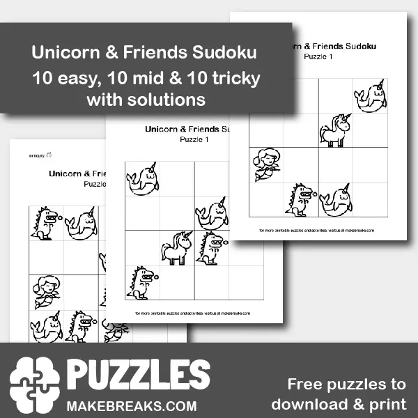 Free Unicorn & Friends Image Printable Sudoku Puzzles