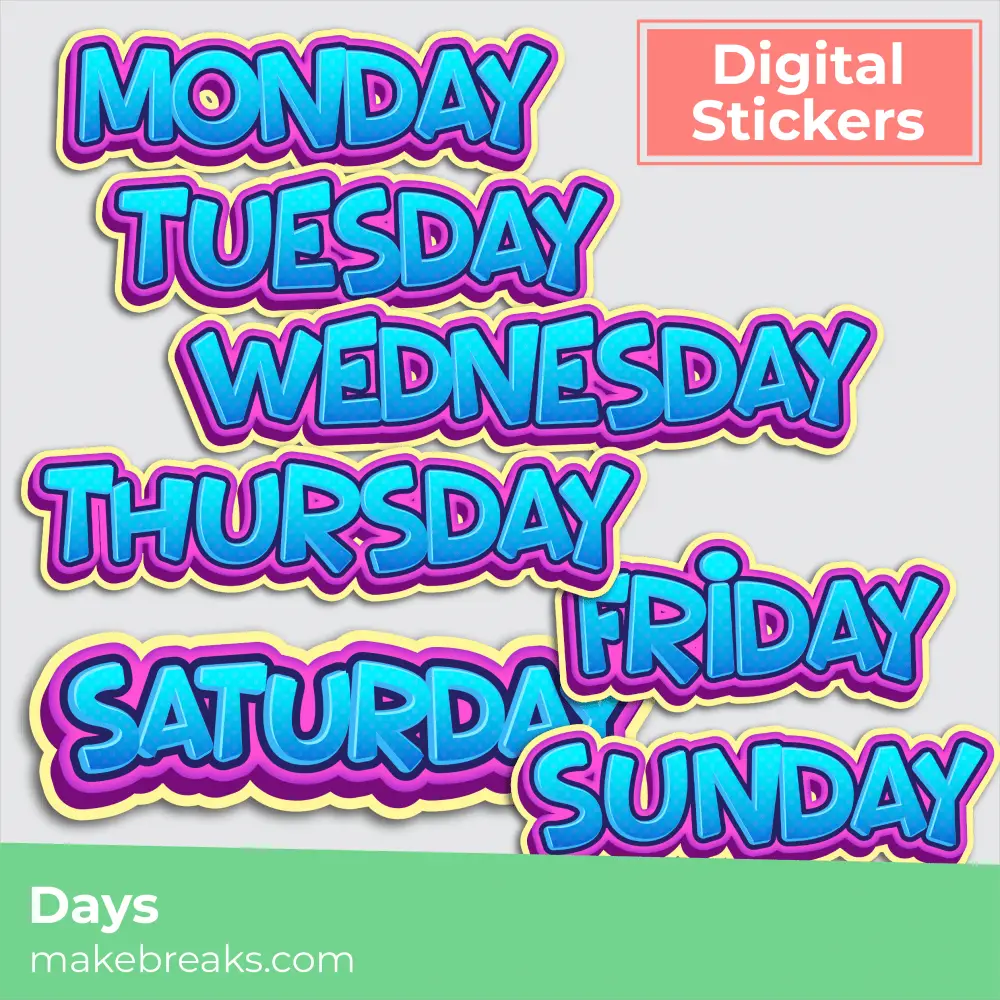 Free Blue Cartoon Days of the Week Digital Planner Stickers