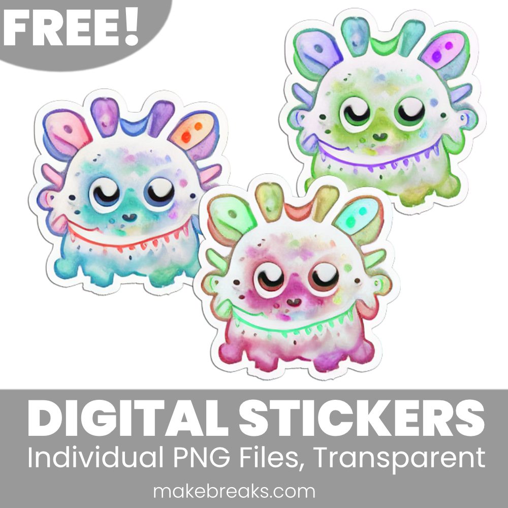Free Colorful Watercolor Monster (Set 3) Digital Planner Stickers – PNG Files