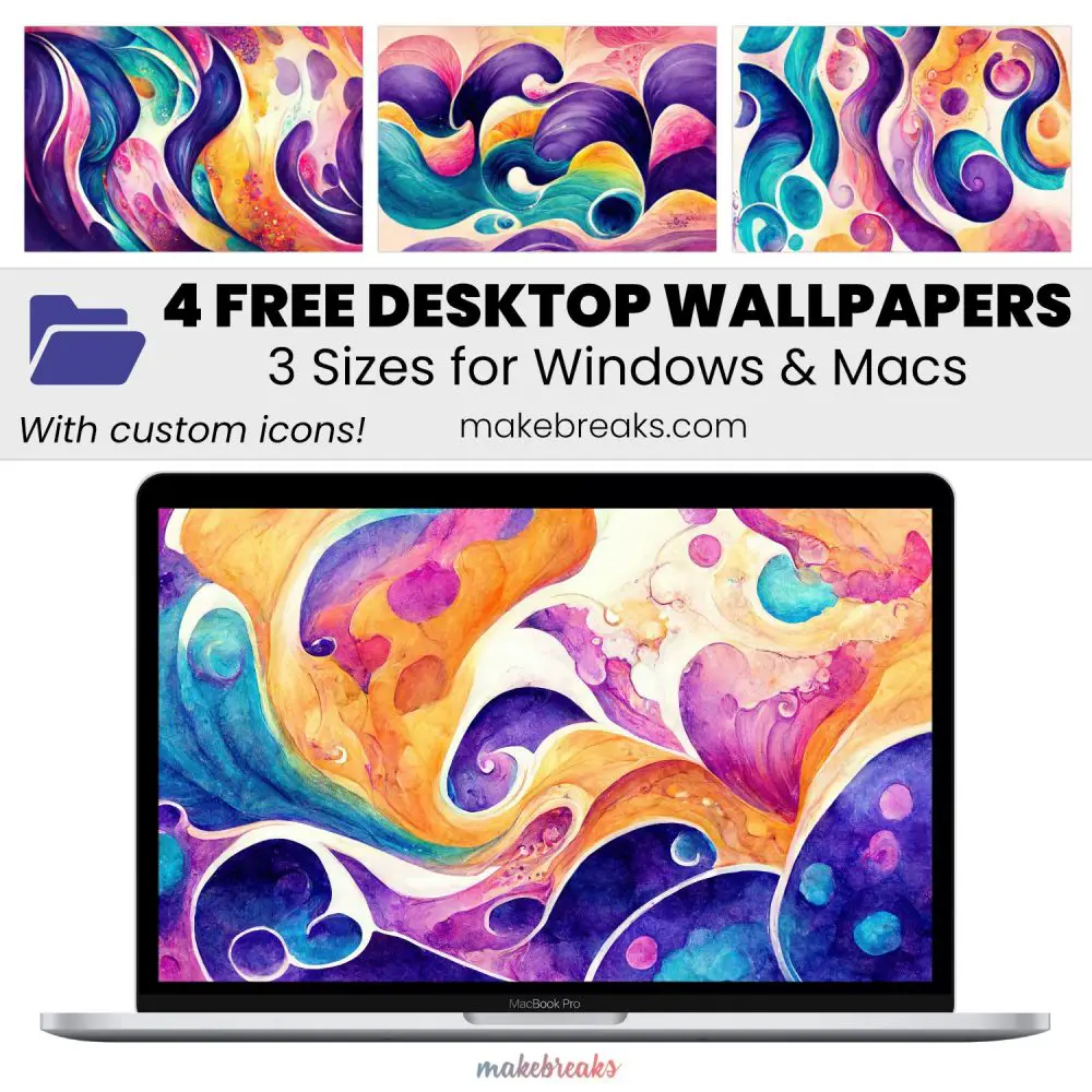 Colorful Watercolor Swirls Wallpaper SET 2- Free Aesthetic Desktop Organizers with Custom Icons, 4 Designs in 3 Ratios for Macs and Windows