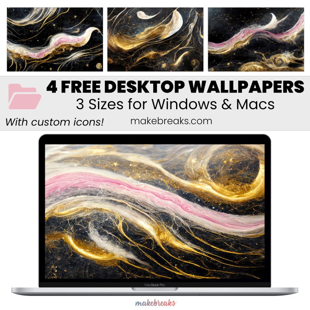 Pink Gold Black Marble Wallpaper – Free Aesthetic Desktop Organizers with Custom Icons, 4 Designs in 3 Ratios for Macs and Windows
