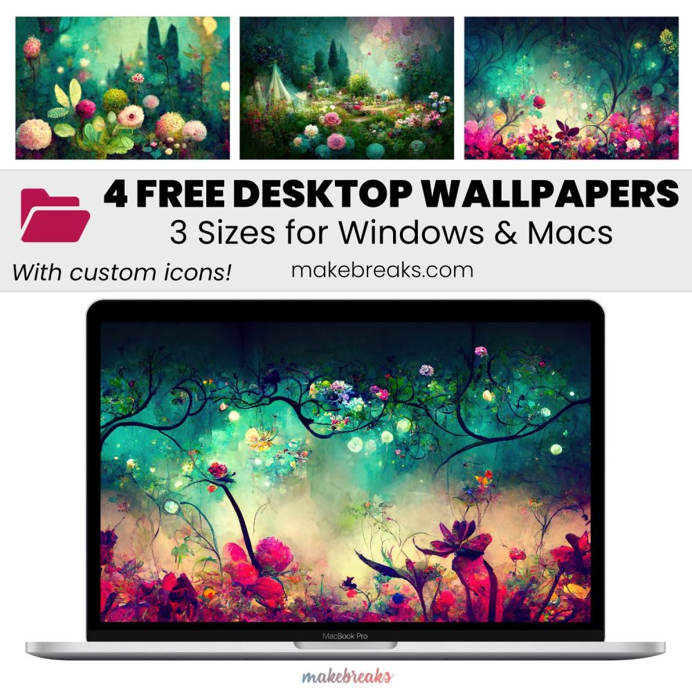 Whimsical Garden Wallpaper 2- Free Aesthetic Desktop Organizers with Custom Icons, 4 Designs in 3 Ratios for Macs and Windows