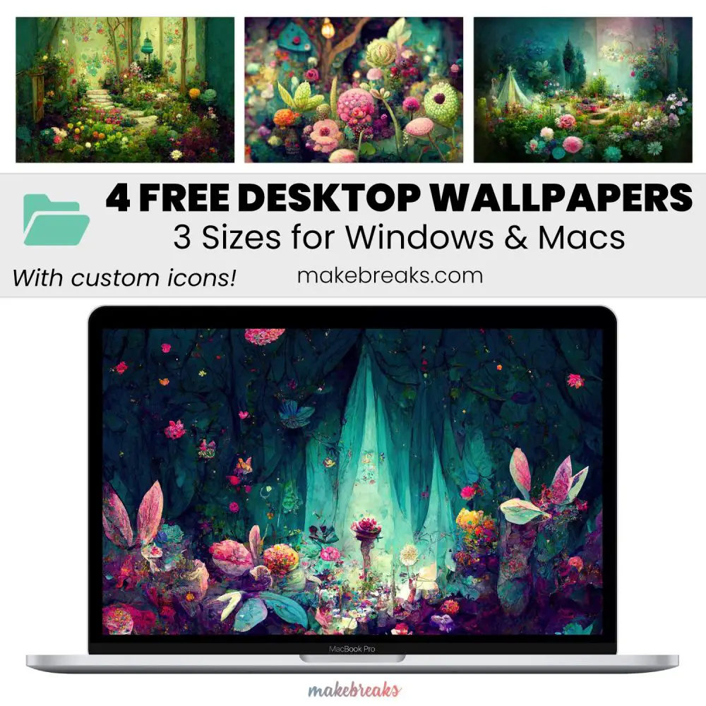 Whimsical Garden Wallpaper SET 3 – Free Aesthetic Desktop Organizers with Custom Icons, 4 Designs in 3 Ratios for Macs and Windows