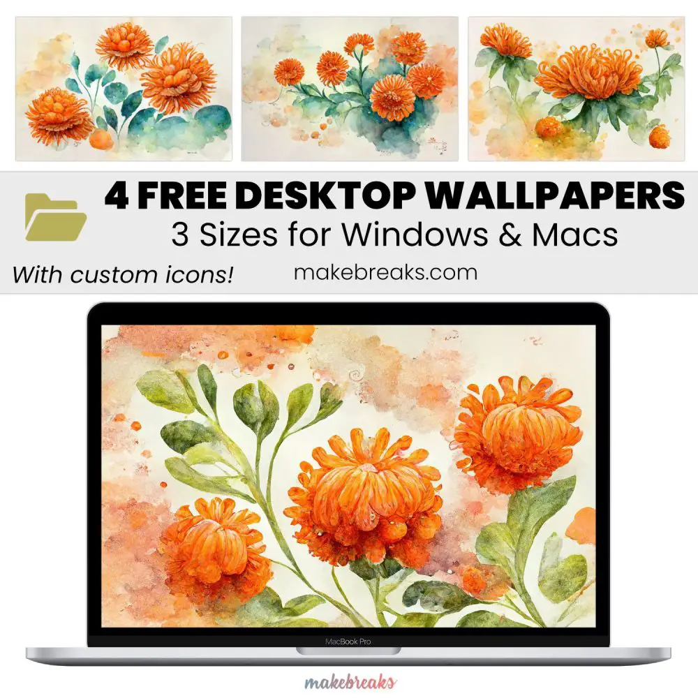 Orange Chrysanthemums Flower Wallpaper SET 2 – Free Aesthetic Desktop Organizers with Custom Icons, 4 Designs in 3 Ratios for Macs and Windows