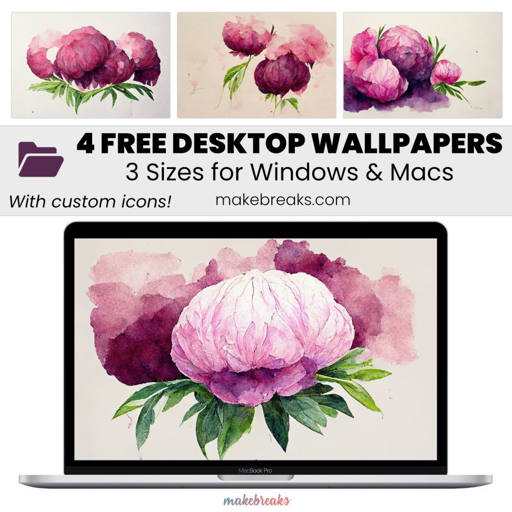 Peony Flower Wallpaper SET 2 – Free Aesthetic Desktop Organizer Backgrounds with Custom Icons, 4 Designs in 3 Ratios for Macs and Windows