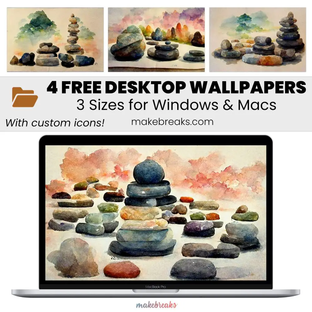Zen Pebbles Wallpaper – Free Aesthetic Desktop Organizer Backgrounds with Custom Icons, 4 Designs in 3 Ratios for Macs and Windows