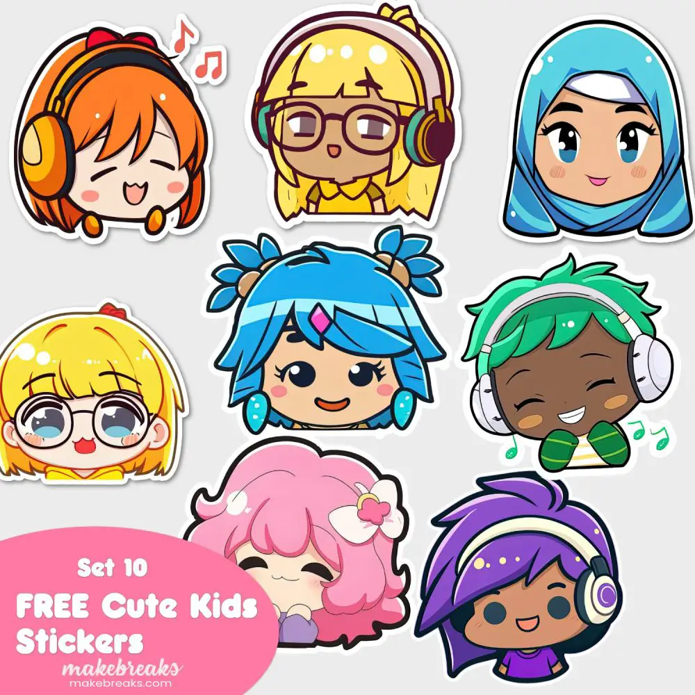 FREE Cute Chibi Style Kids Stickers or Clipart Characters – SET 10
