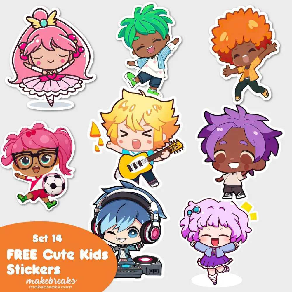 FREE Cute Chibi Style Kids Stickers or Clipart Characters – SET 14