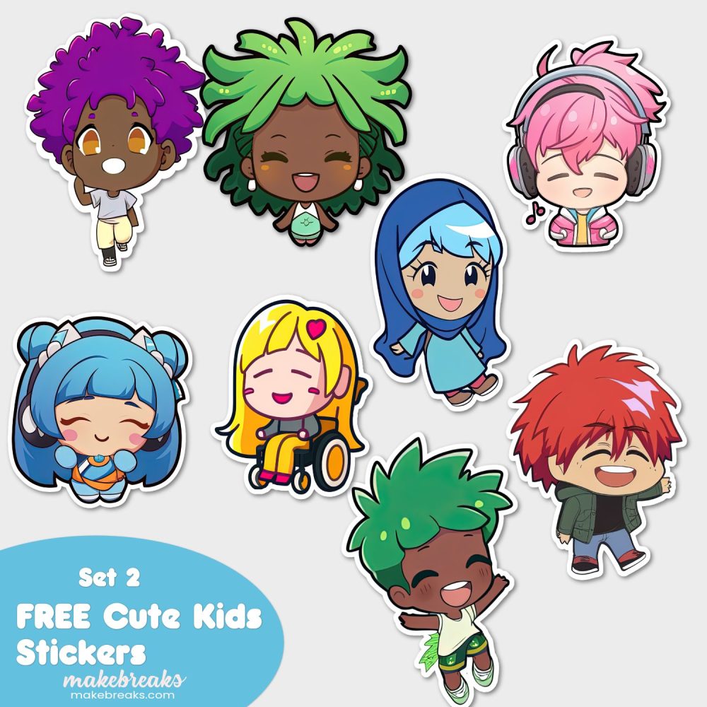 FREE Cute Chibi Style Kids Stickers or Clipart Characters – SET 2