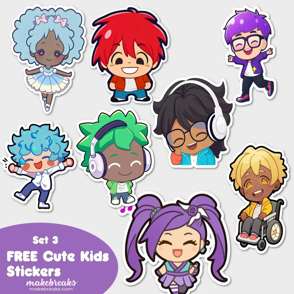 FREE Cute Chibi Style Kids Stickers or Clipart Characters – SET 3