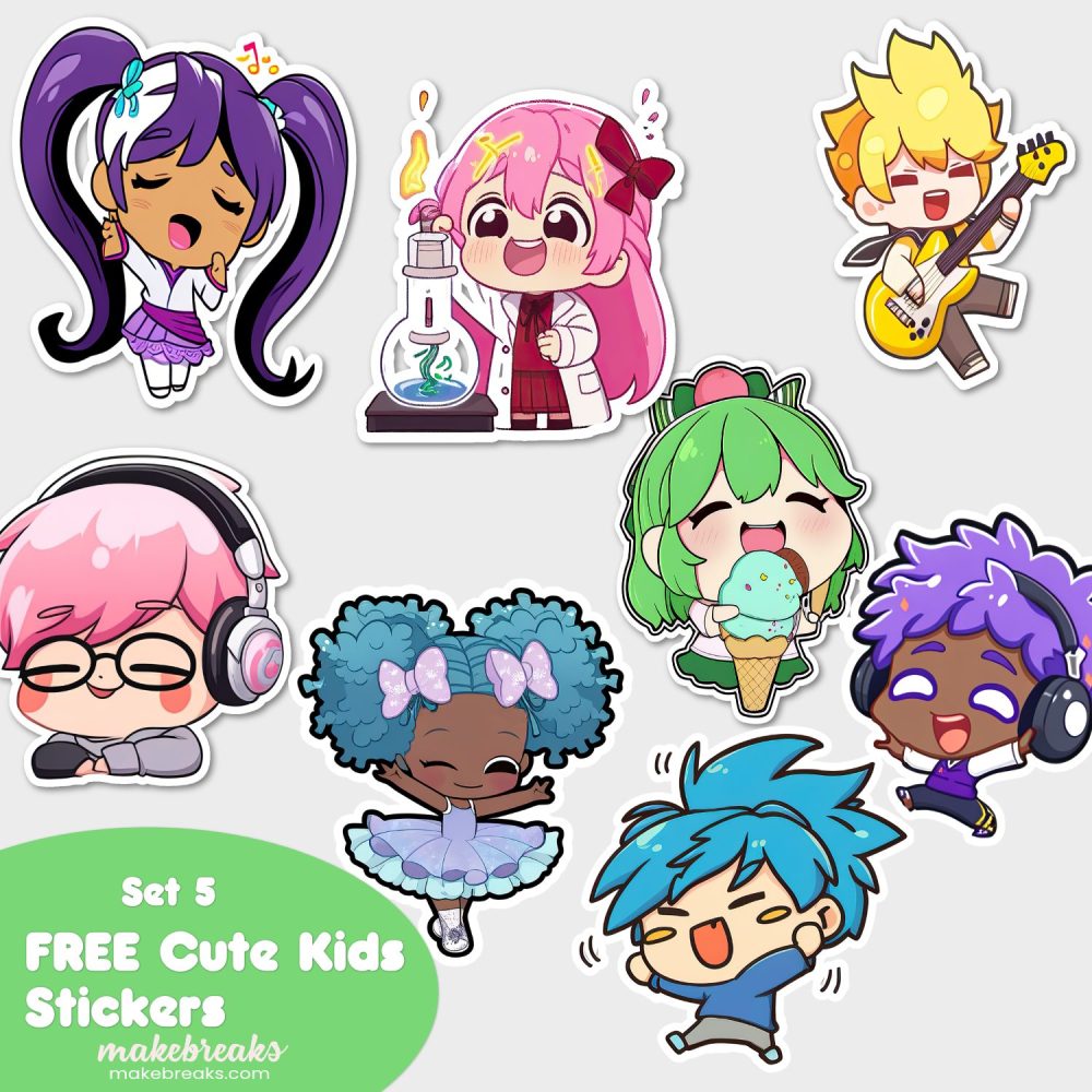 FREE Cute Chibi Style Kids Stickers or Clipart Characters – SET 5