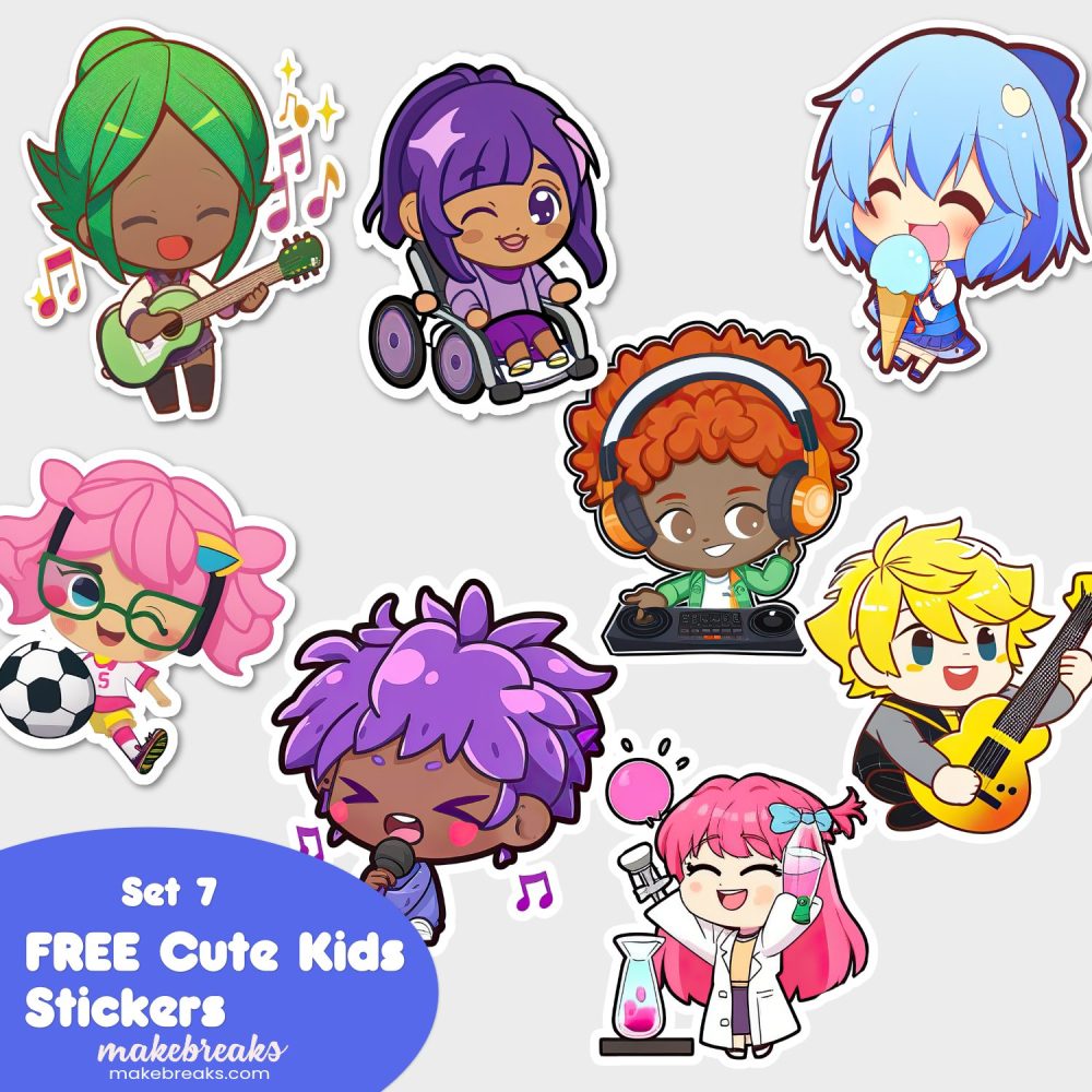 FREE Cute Chibi Style Kids Stickers or Clipart Characters – SET 7