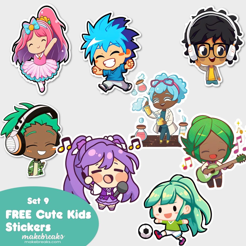 FREE Cute Chibi Style Kids Stickers or Clipart Characters – SET 9