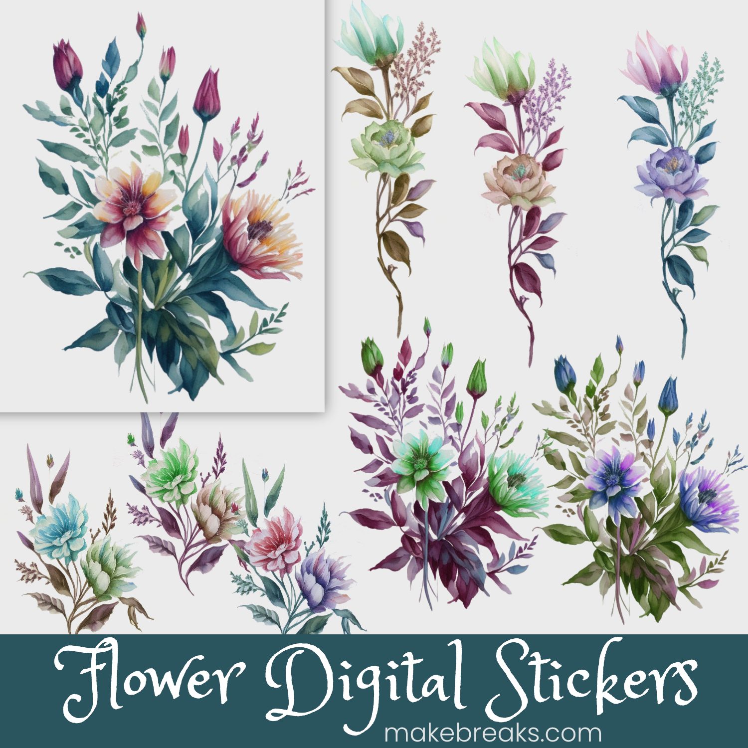 Free Watercolor Flower Bouquet Digital Planner Stickers