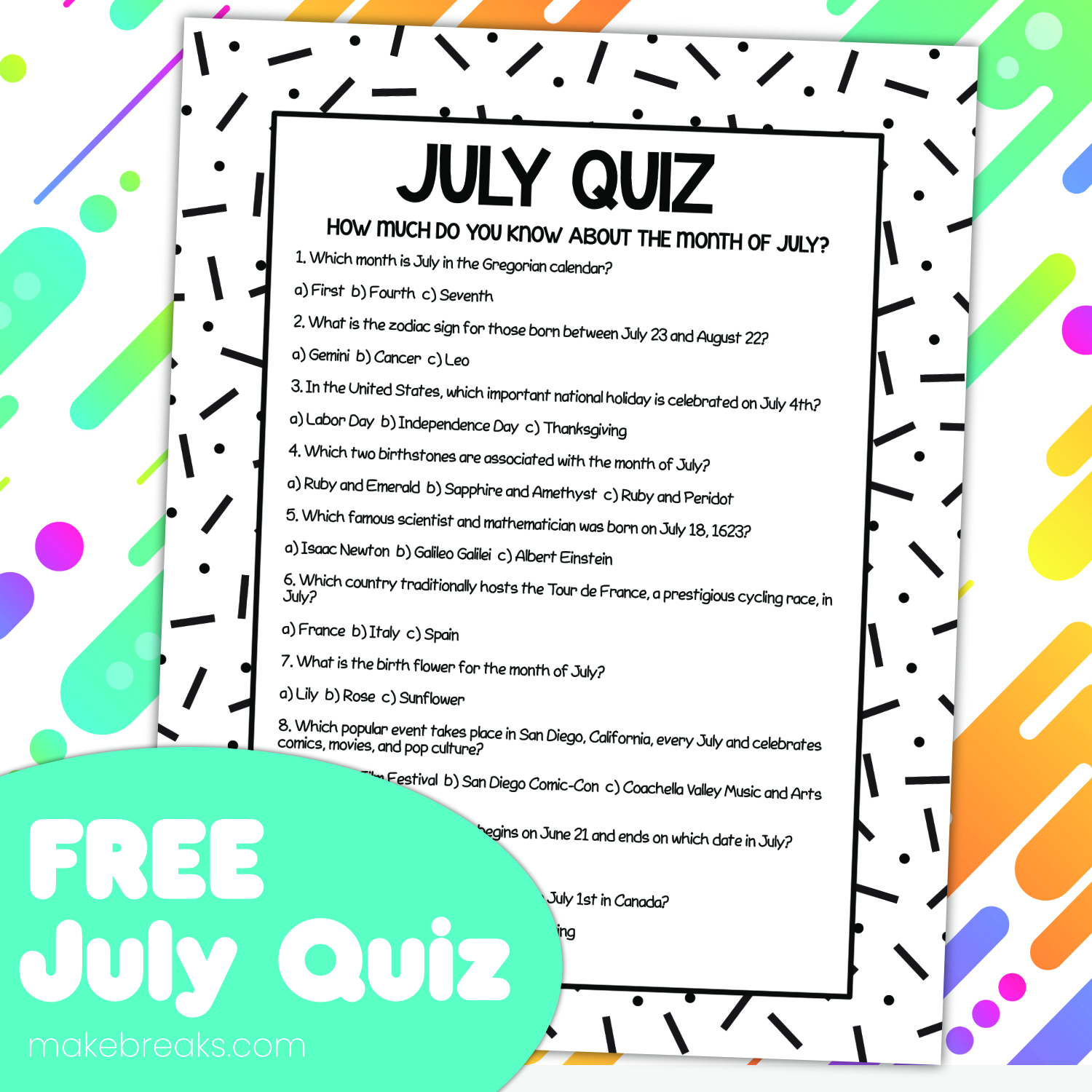 Free Printable Quiz About July