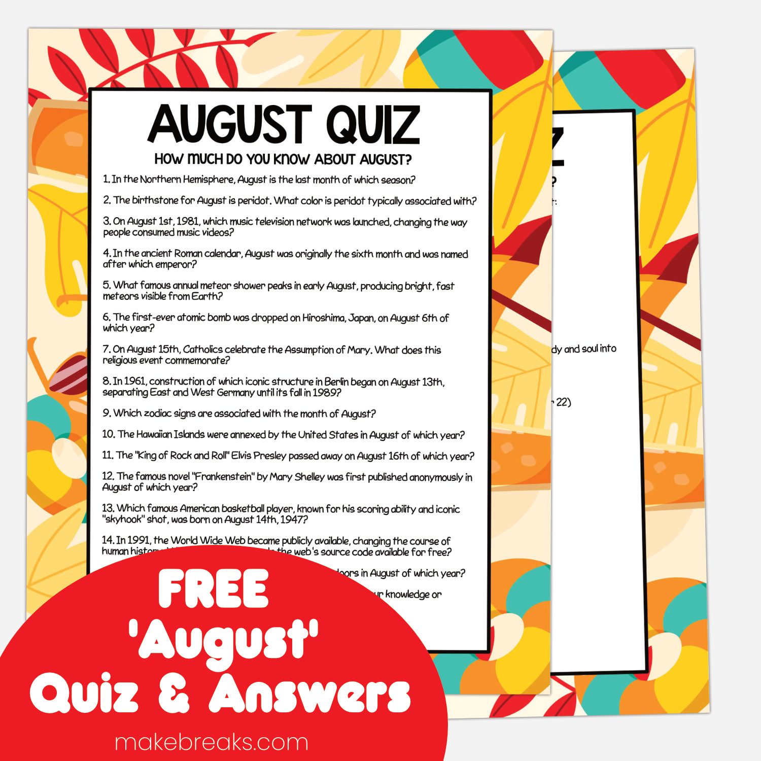 Free Printable August Quiz with Answers