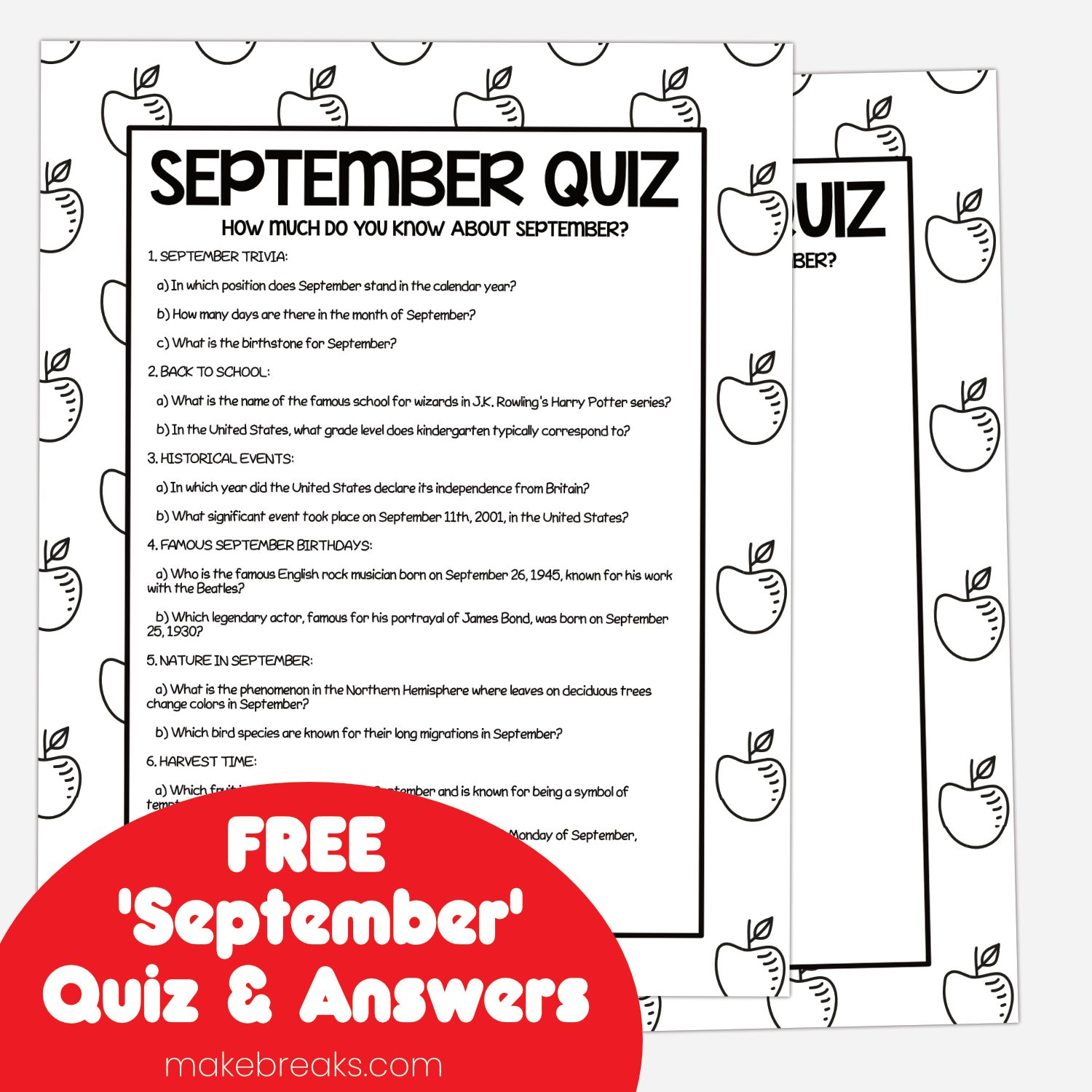 Free Printable September Quiz