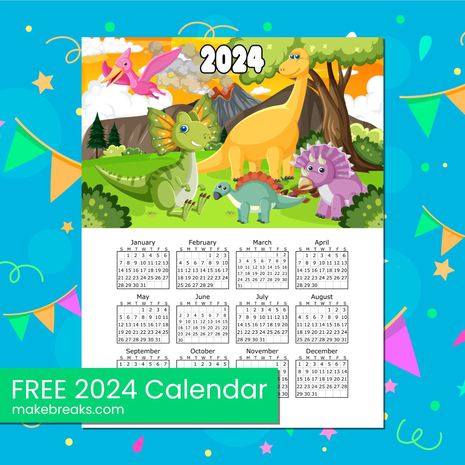 Free Printable Dinosaur Calendar 2024