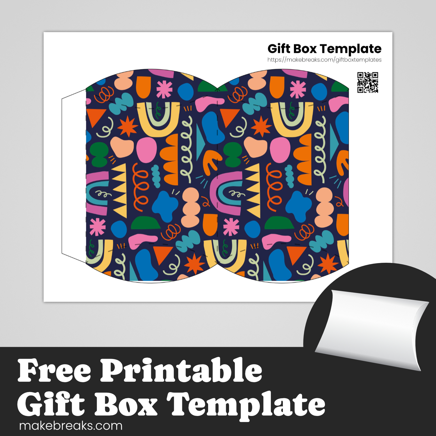 Colorful Abstract Pillow Box Template  – Free Printable Gift Box Template