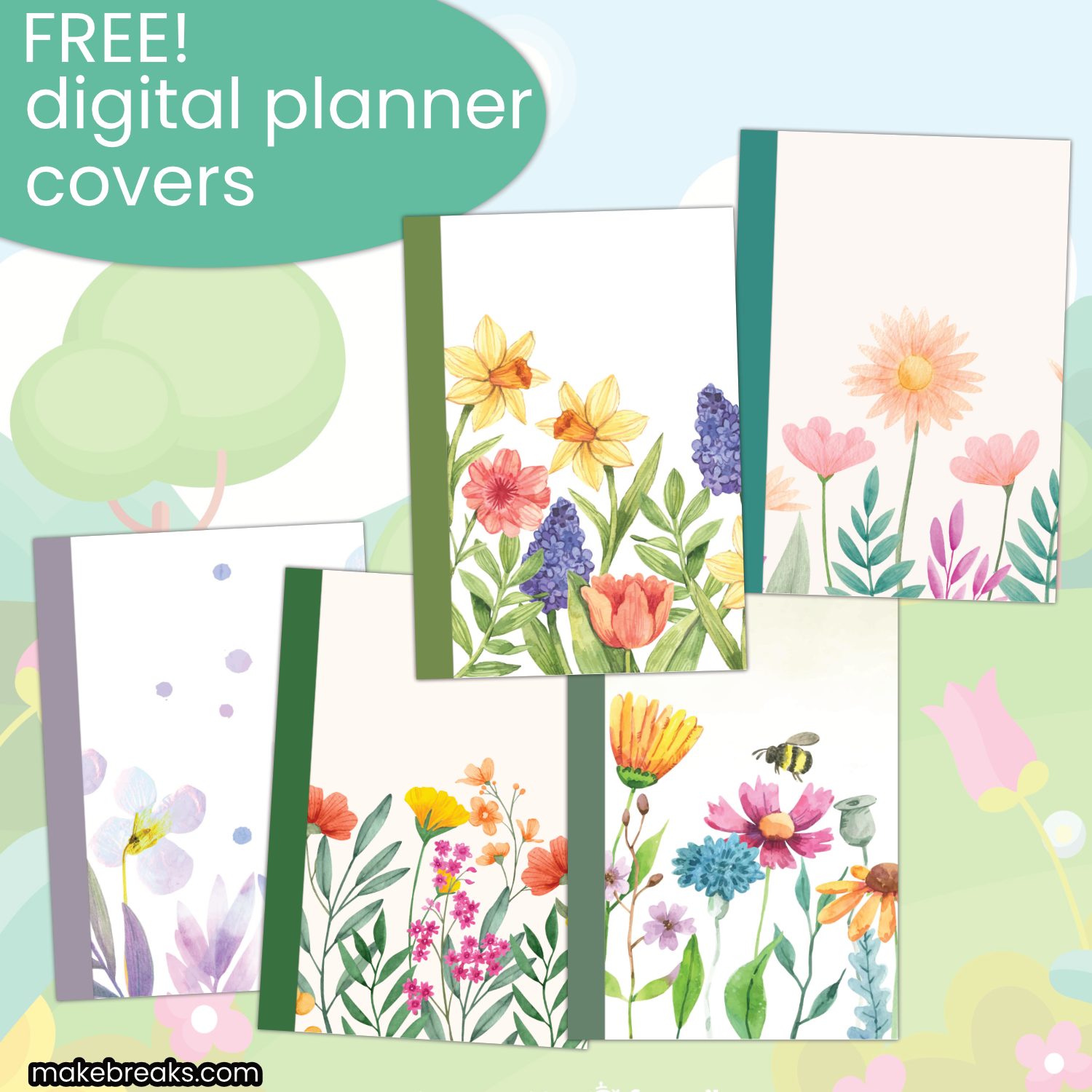 Watercolor Spring Flower Digital Planner Cover