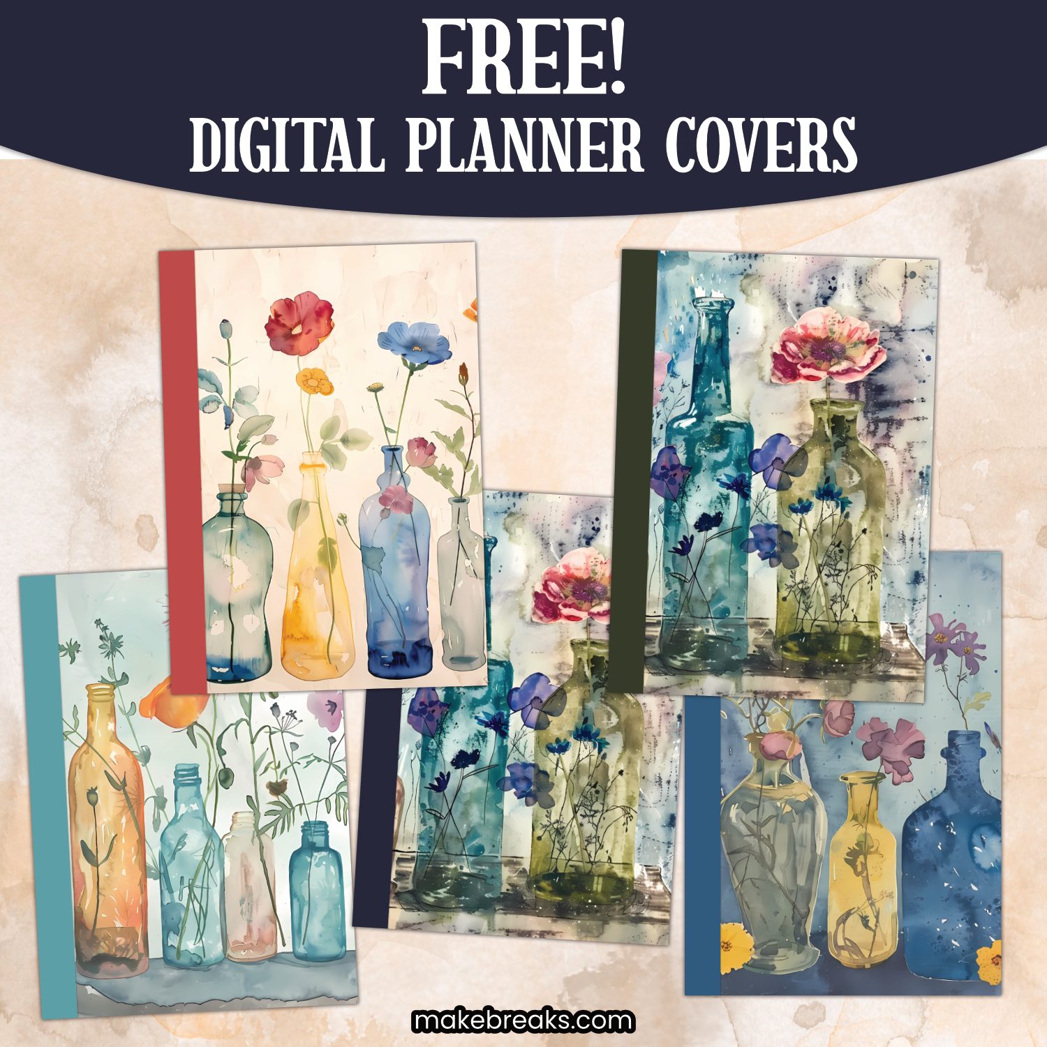 Watercolor Bottles & Flowers Free Digital Planner Covers